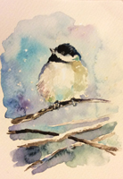 Cinege madár télen, akvarell